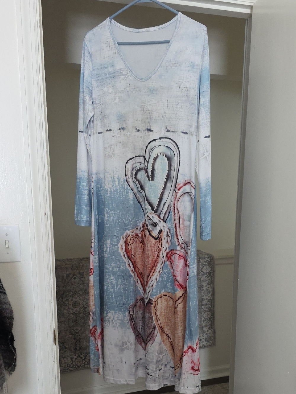 Long V-Neck Heart Print Maxi Dress in Light Blue and Multi